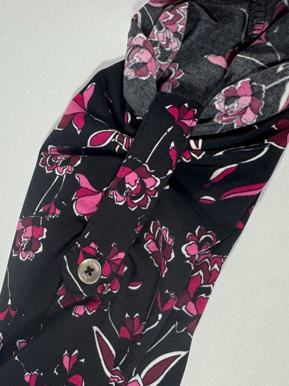 Jones New York Signature Floral Roll Tab Blouse Pink Black Stretch Top XL - Picture 7 of 12